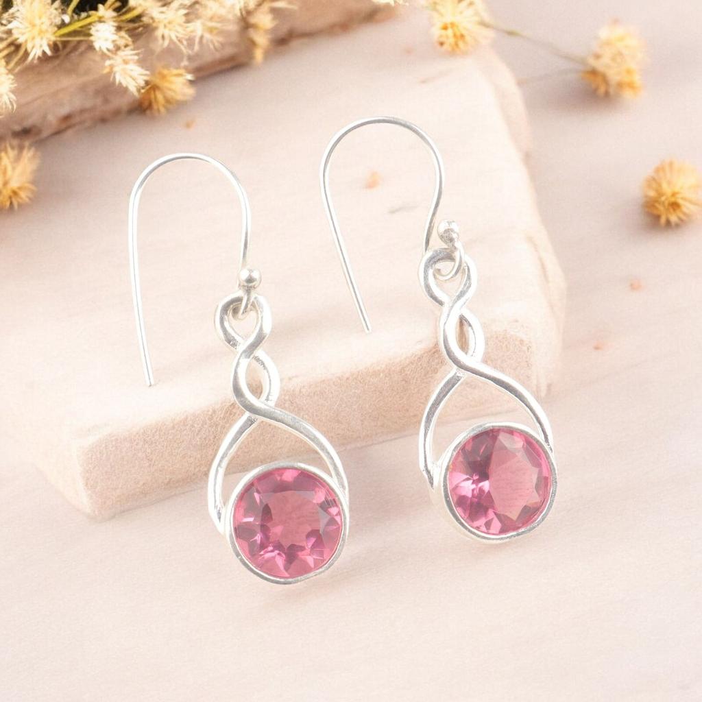 Echte Rosa Turmalin 925 Sterlingsilber Ohrringe, Böhmischer Schmuck 1,68" CE-15-16