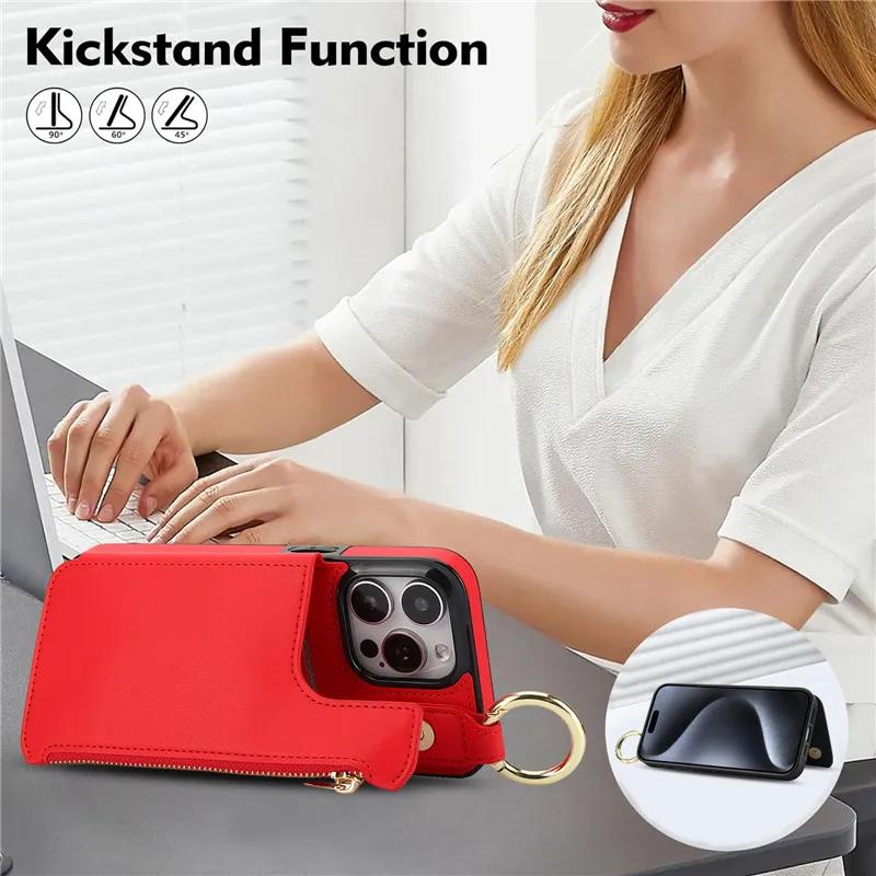 Ring Zip Wallet Card Leather Phone Case For iPhone 16 Pro Max 15 14 Plus 13 12 Mini 11 XS XR X SE 8 7 Flip Stand Cover Etui