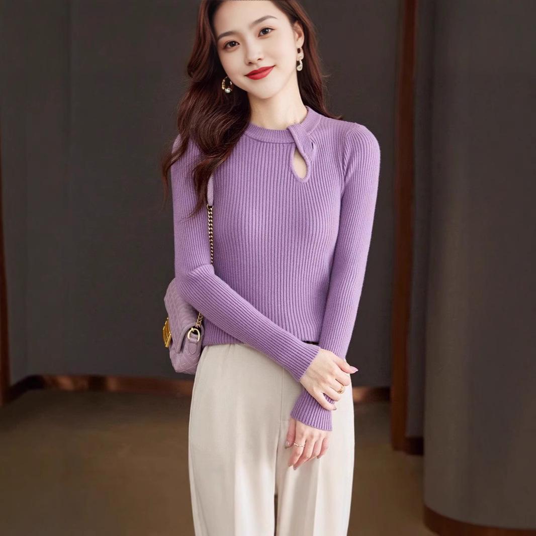 

Женский осенне-зимний свитер базовый слой с круглым вырезом и ажурной вязкой One Size фиолетовый