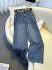 Women's High-Waisted Denim Blue Slim-Fit Wide-Leg Jeans - Autumn 2025 Collection, Loose Drape, Straight-Leg Style