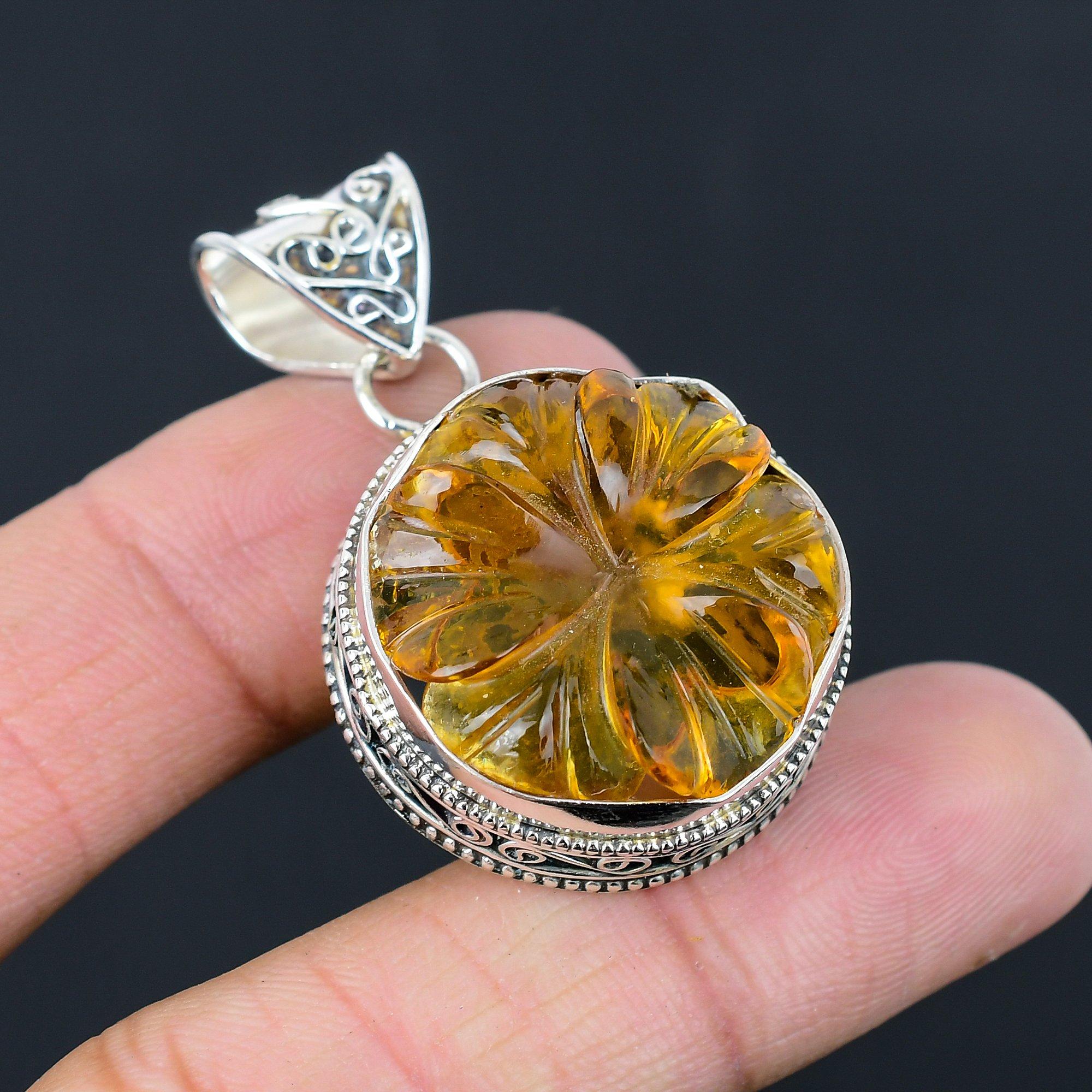 

925 Silver Oval Baltic Amber Gemstone Trendy Wedding Anniversary Ethnic Pendant