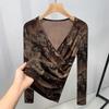 Coffee-colored Mesh Top New Autumn Long-sleeved V-neck T-shirt for Women Tie-dye Thin Base Shirt