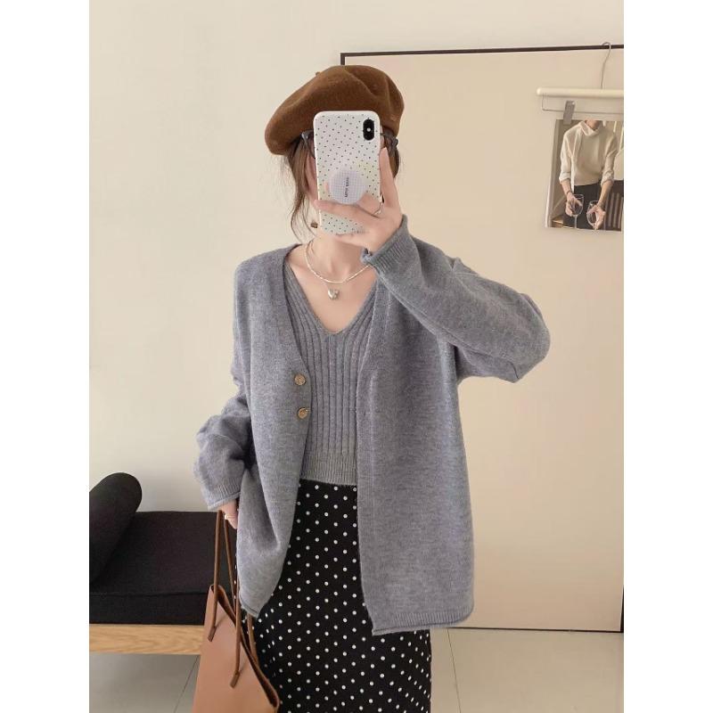 Lazy Wind Knitted Sweater Cardigan Sweater Jacket Top with V-neck Sling Vest Simple Two-piece Set Women