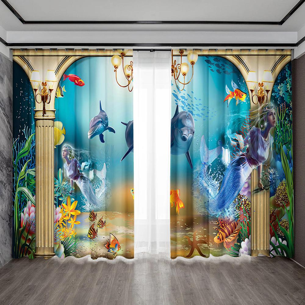 

2 шт. Шторы для украшения дома, Ocean World с карманами на штанге, подходят для кухонь, кафе, гостиных, балконов 75x166cm&Without mount