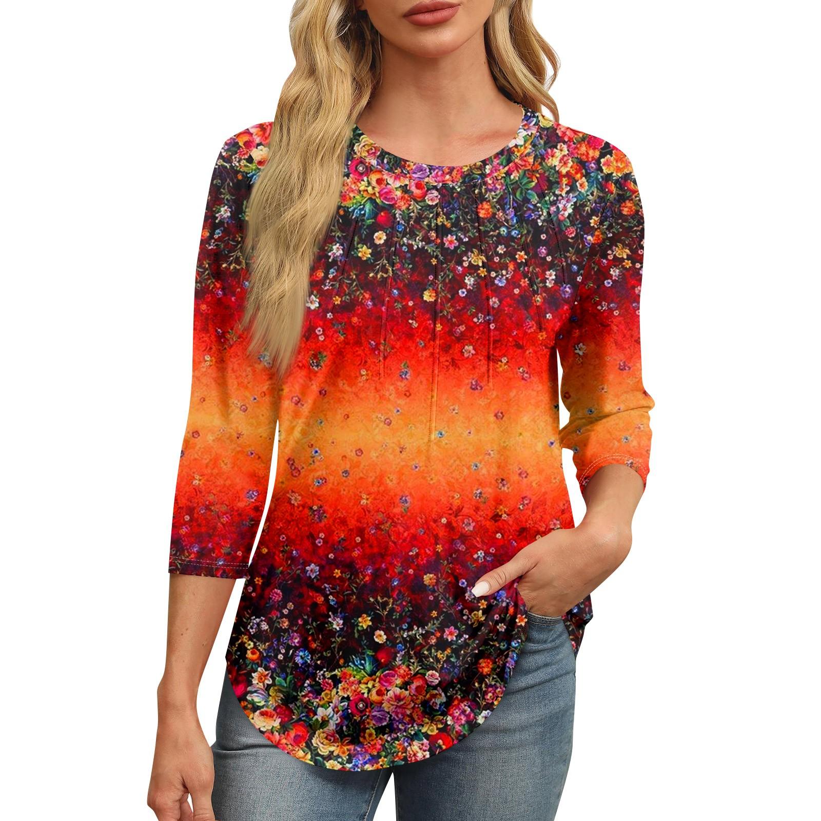 

Женская модная футболка с круглым вырезом и рукавом 3/4 с принтом, повседневная, базовая, плиссированная, пуловер L красный