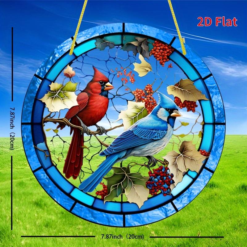 2D Flat Cardinal & Bluebird Stained Glass Decoration Sign, Autumn Leaves & Berries Design, Home Decor Plaque Hanging Wall Art Decorative Garden Decora