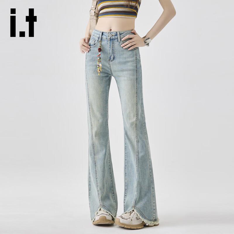 CHOCOOLATEit Damen High-Waist Schlagjeans mit ausgefranstem Saum