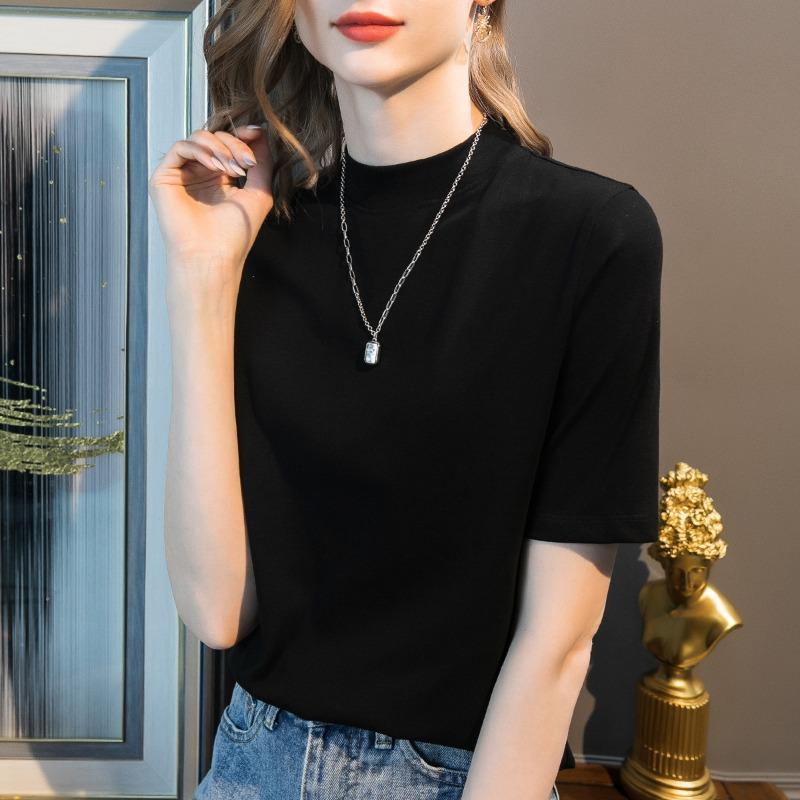 Early autumn new women's clothing medium-sleeved small stand-up collar design sense half-sleeved women's thin t-shirt top women