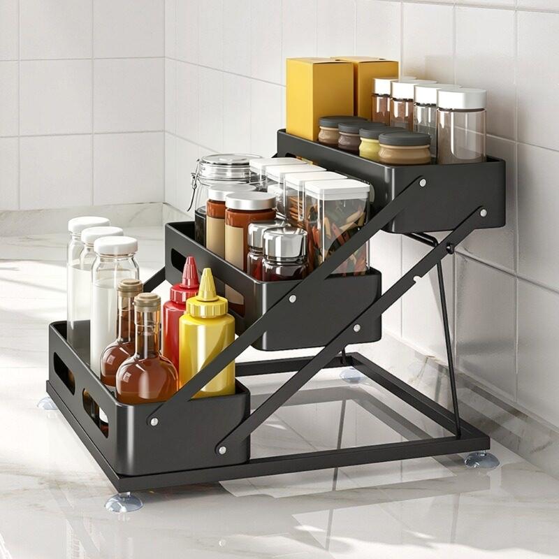 Kitchen Bottle and Jar Shelf, 3 Level Storage Rack with Height Change Support and Grip Feet for Cabinet or Sink Side