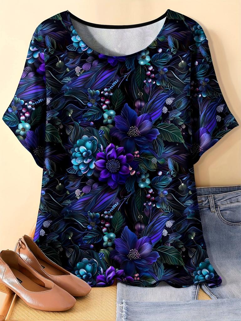 2026 Women's Casual Loose Fit T-Shirt Floral Print Short Sleeve Round Neck Top Tees Plus Size Summer Tops Flower Woman Clothing