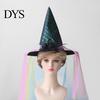 Fashionable Theme Event Hat Halloween Star Witch Hat, Mesh Veil Rose Feather Cone Adult Party Hats for Women, Gothic Costume Headwear, Cosplay