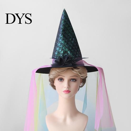 Fashionable Theme Event Hat Halloween Star Witch Hat, Mesh Veil Rose Feather Cone Adult Party Hats for Women, Gothic Costume Headwear, Cosplay