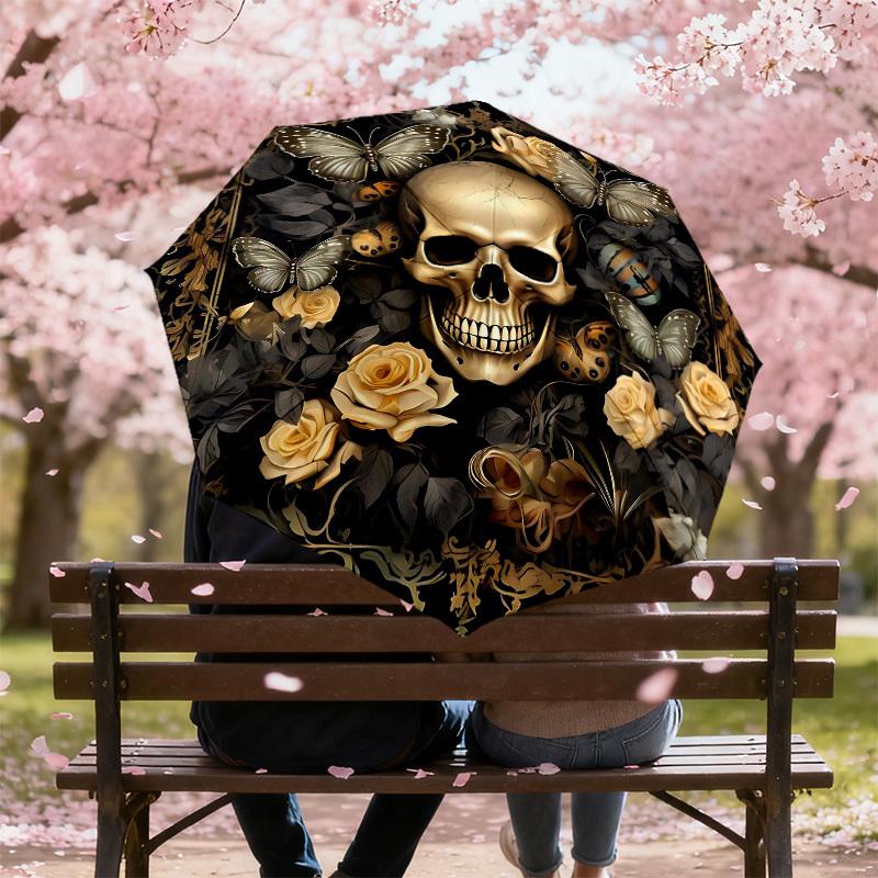 1PC Skull Flowers Umbrella-8-Rib Reinforced, Automatic Open, Lightweight & Durable, Fashion Accessory for Outdoor-D318