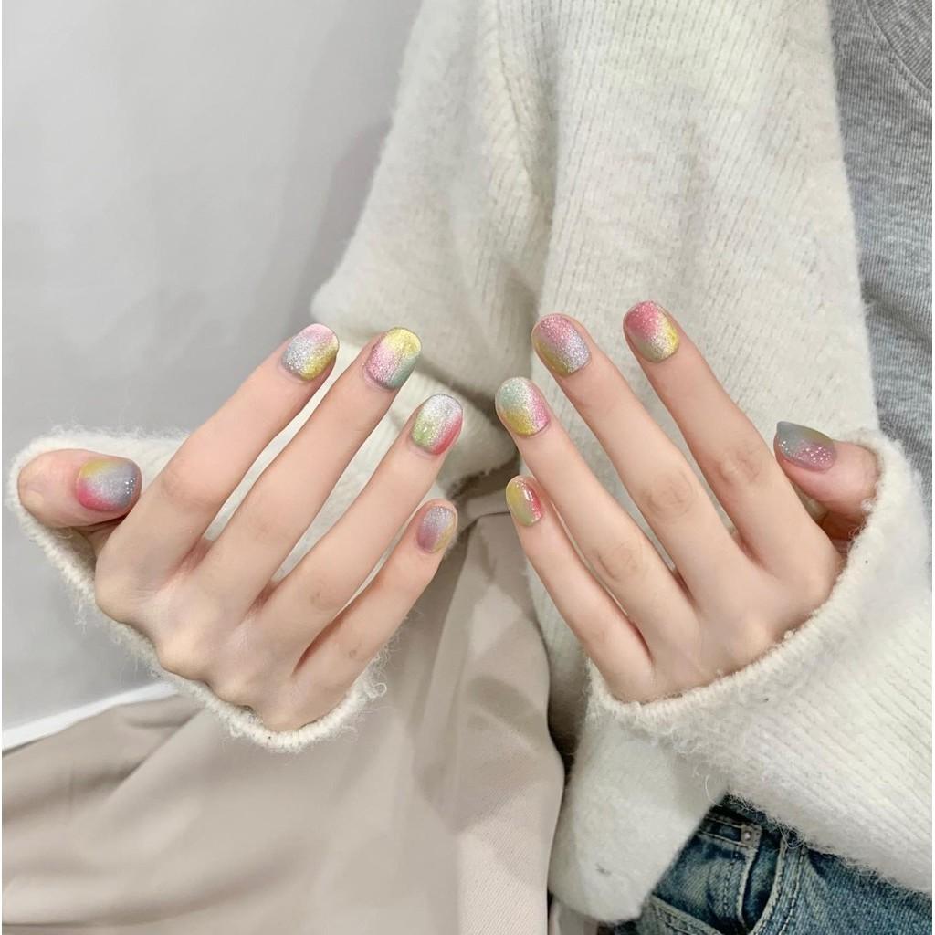 HANDMADE Artificial Nail Candy Rainbow Glass Beads Cat Eye Short Style Fake Nail Set With Glue Reusable and Removable Press On Nails