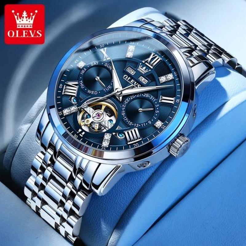 OLEVS Originální automatické mechanické náramkové hodinky pro muže s displejem týdne a měsíce z nerezové oceli vodotěsné business hodinky