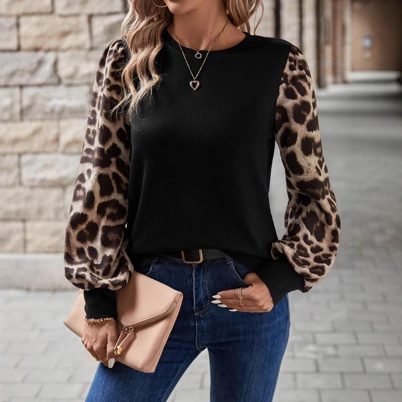 Women Long Sleeve Round Neck Leopard Print Casual T Shirt
