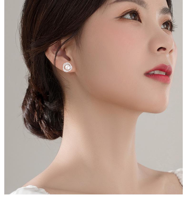 S925 Sterling Silver Diamond-Inlaid Rose Pearl Stud Earrings - Women’s Japanese Korean Niche Luxury, Comfortable for Sleeping with Pierced Ears