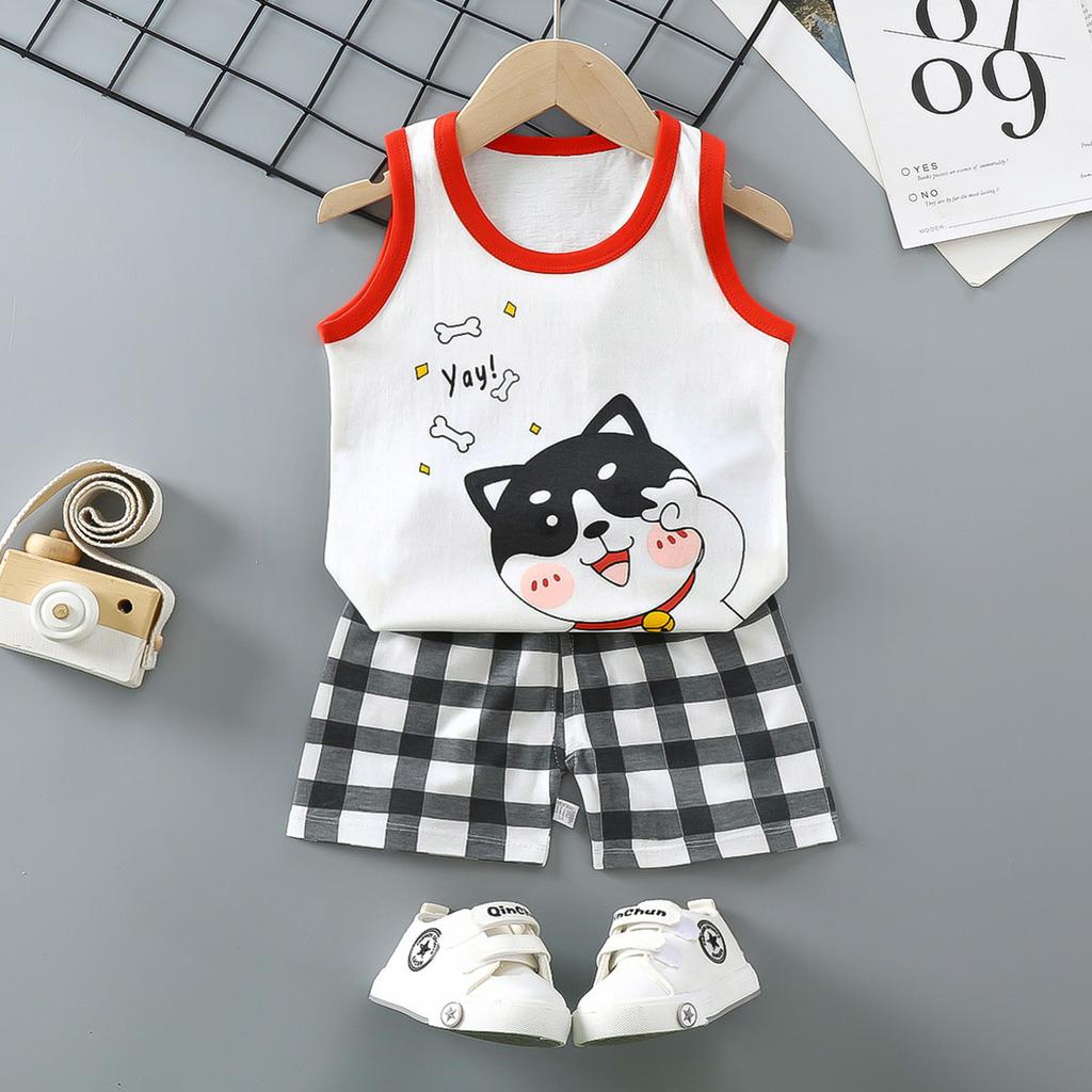 Summer Kids Non Sleeve O Neck Vest Pants Set Casual Baggy 2pcs Suit Cotton Cartoon Printes Outfit