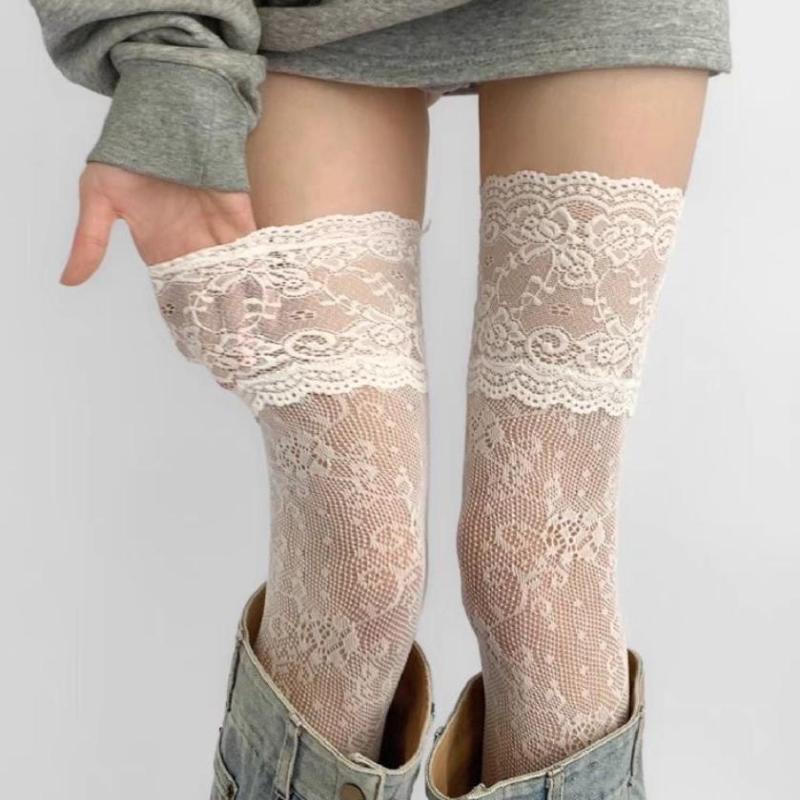 Women'S Sexy Lace Trim Nylon Fishnet Stockings Retro Floral Sweet Mesh Breathable Thigh High Long Socks Jk Over The Knee Socks