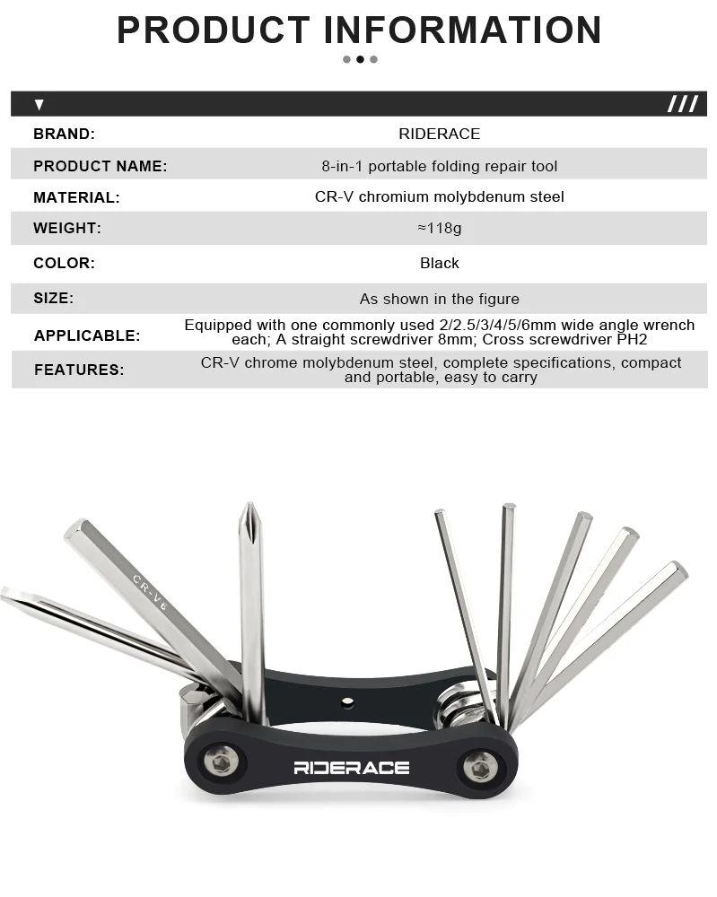 RIDERACE Bicycle Multi Tool 8 In 1 Portable CRV Steel 4mm 5mm 6mm Hex Allen Wrench Multifunction Screwdriver Bike Repair Tools