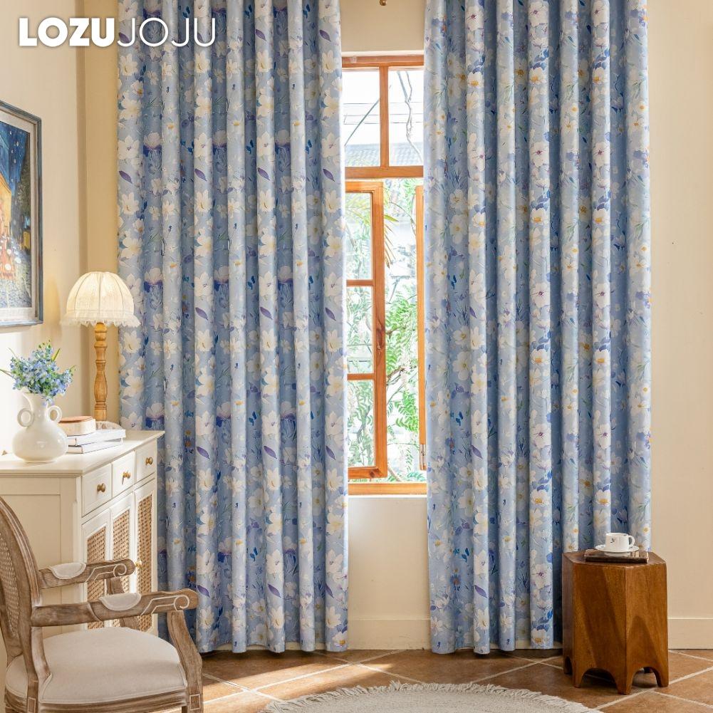 1 Stück LOZUJOJU Vorhänge im nordischen Landhausstil, blau bedruckt, mit blickdichten Vorhängen für Schlafzimmer, Wohnzimmer, Balkonfenster zur Heimdekoration