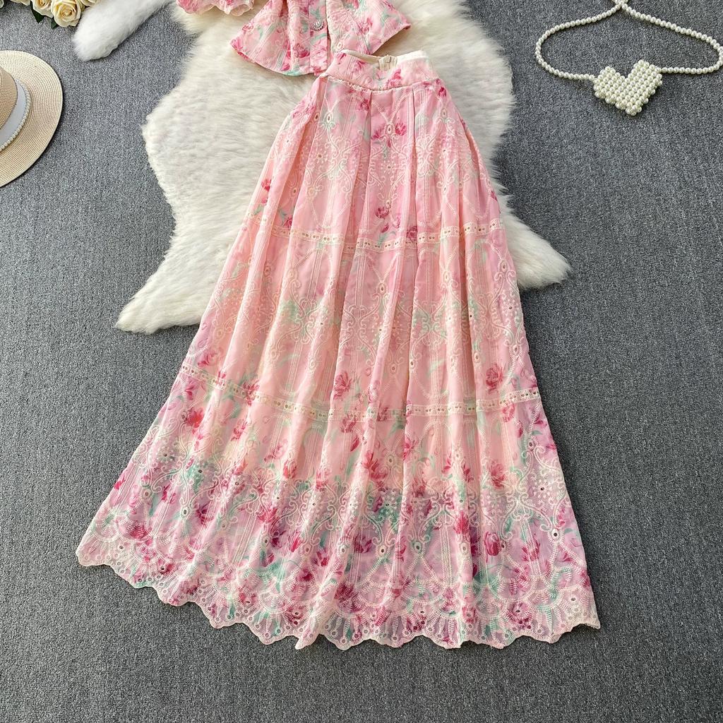 Elegant 2 Piece Set Women Summer Spring Floral Print Embroidery Prom Evening Party Long Dress Suits Crop Top Skirts Suits