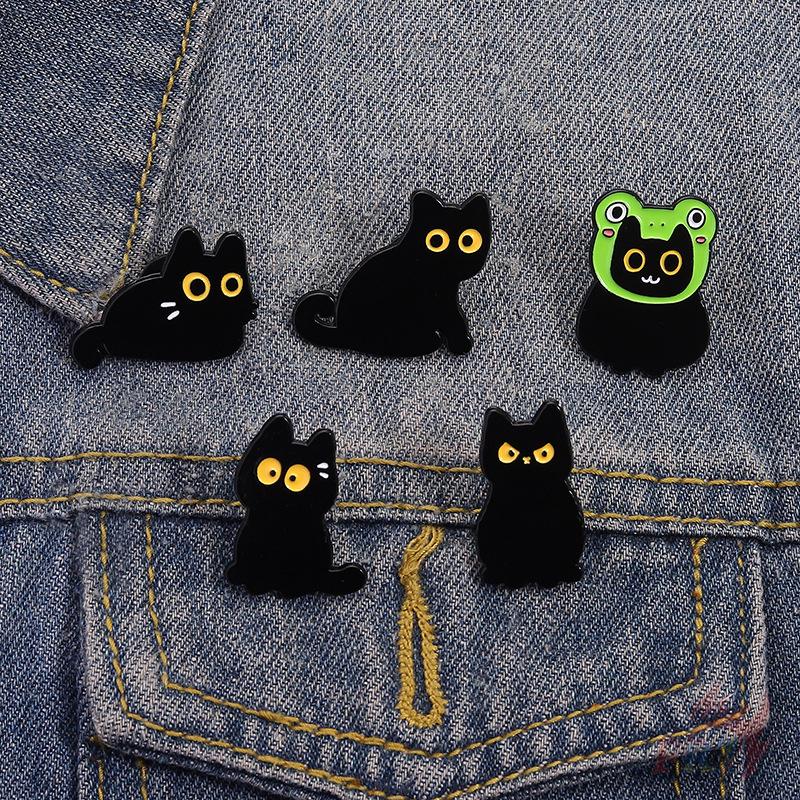5Pcs/Set Yellow Eyes Black Cats Brooches - Doodle Enamel Backpack Button Pins Badges