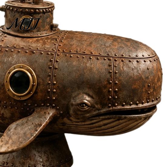 Retro Style Room Decor Vintage Mechanical Whale Sculpture, Futurism Steampunk Submarine Art Statue, Resin Aged Look Marine Statue Rivet Model for Home