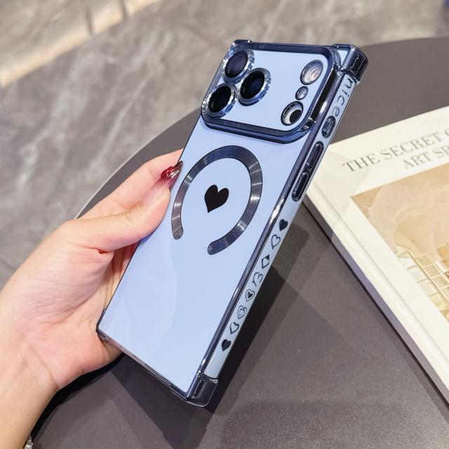 For For Iphone 17 Air Pro Max  Plating Love Heart Frame  Magnetic Phone Case For For Iphone 13 14 15 16 Plus Back Cover