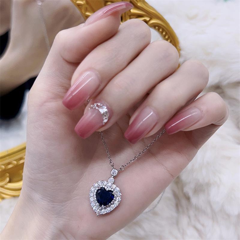 Women's Light Luxury Sapphire Heart Pendant Clavicle Chain with Colored Gemstones and Full Diamond Inlay - New European & American Style.