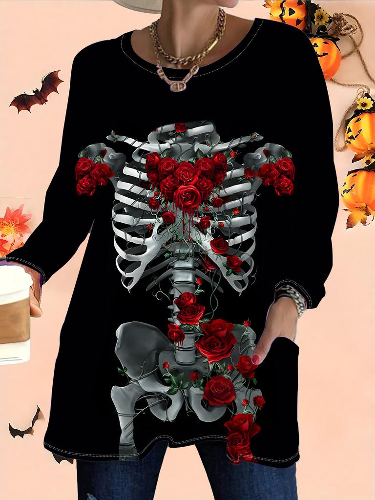 2025 Jesień Zima Nowe Damskie Bluzki Plus Size, Modne Koszulki z Okrągłym Dekoltem i Długim Rękawem z Nadrukiem 3D na Halloween