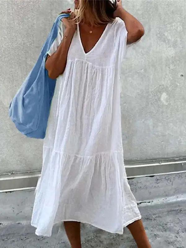 Spring and Summer New Women's V-Neck Sleeveless Dress Split Color Casual Commuter Medium and Long Dress