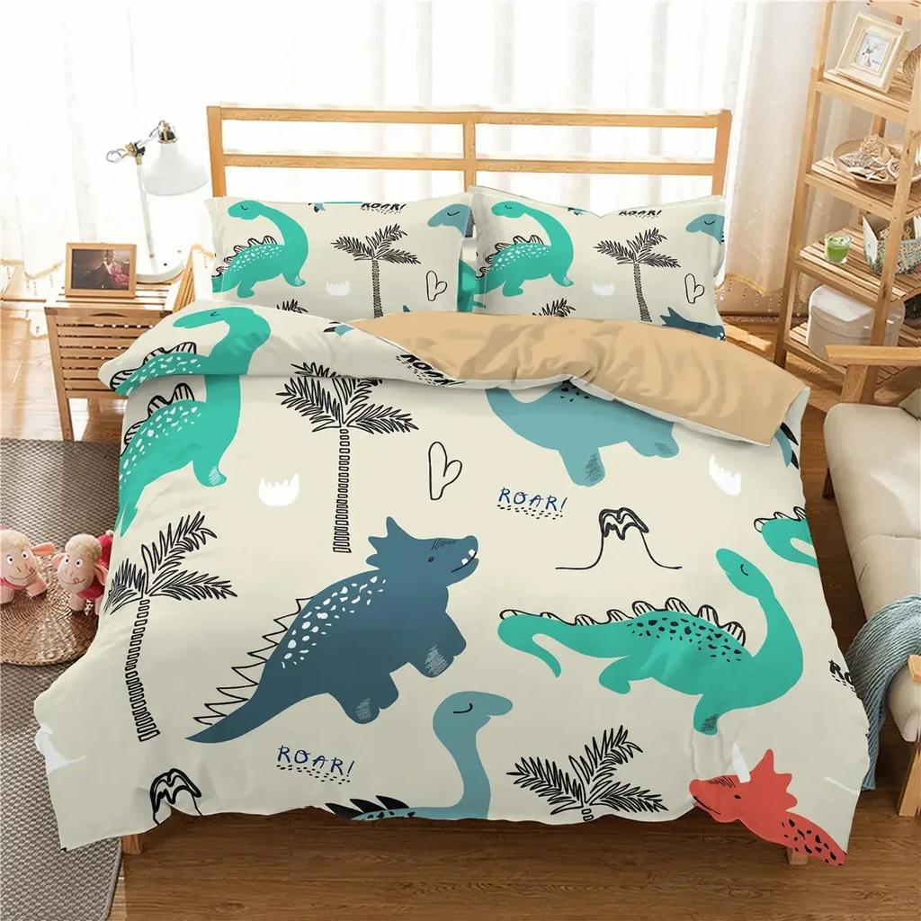 Niedlicher Dinosaurier 3D Cartoon Tier Bequemer Bettbezug Bettdecke Kissenbezug Bettwäscheset Kinder Schlafzimmer Dekoration Heimtextil