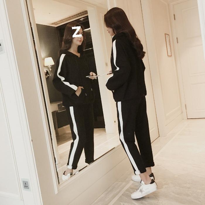 

Spring and Autumn Casual Suit Thin Korean Style Loose Hooded Student Sportswear Two-piece Suit for Women 2XL чорний