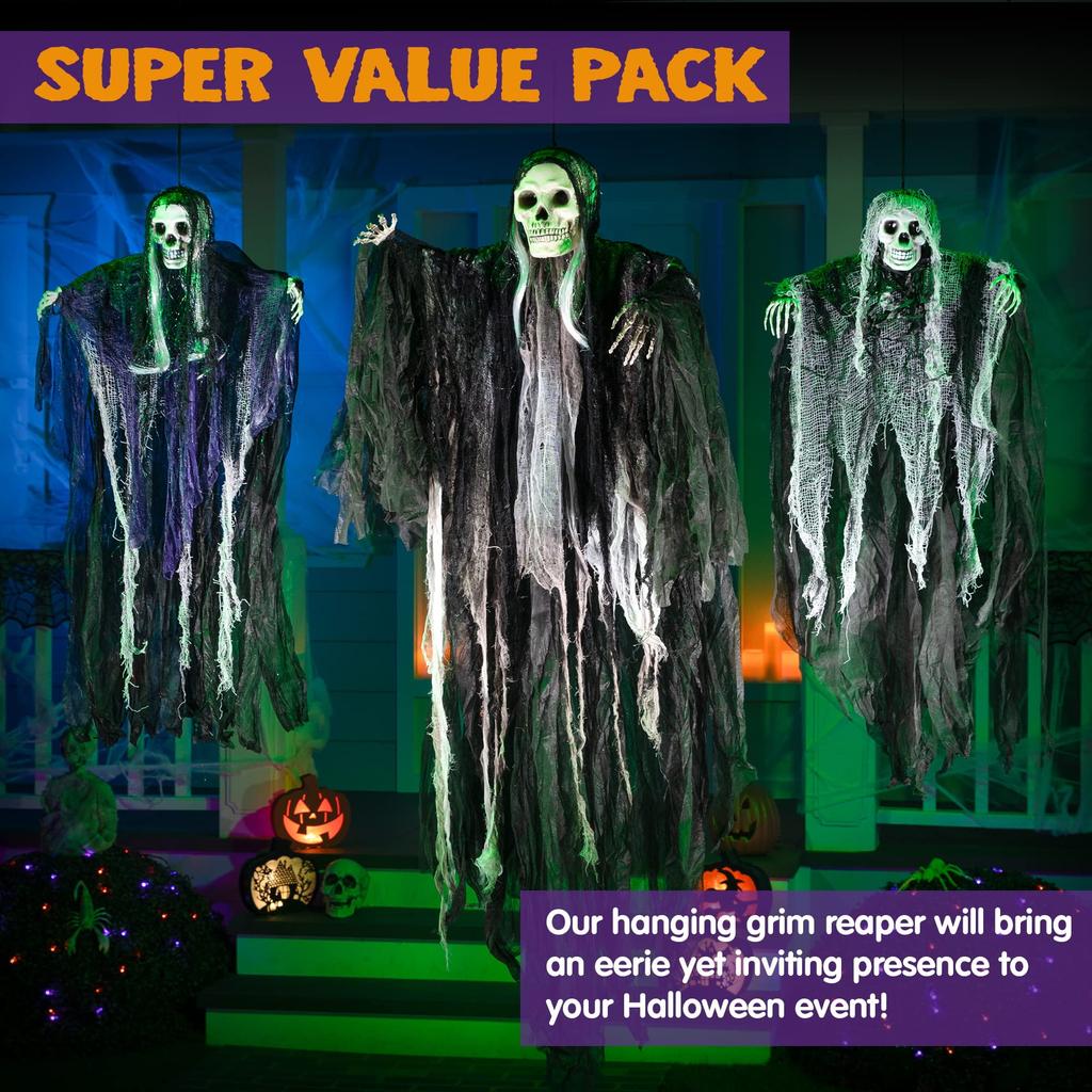 Joyfy 3 Pack Scary Skeleton Ghosts Grim Reapers Halloween Hanging Ghost Decoration for Halloween Indoor Outdoor Yard Decorations