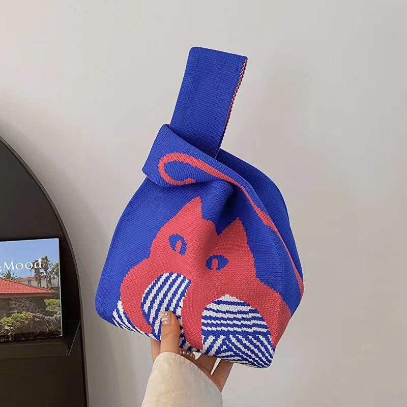 Women's Knot Wrist Bag Handmade Knitted Bag Portable Mini Striped Tote Bucket Phone Bags Large Capacity Autumn Winter Handbags