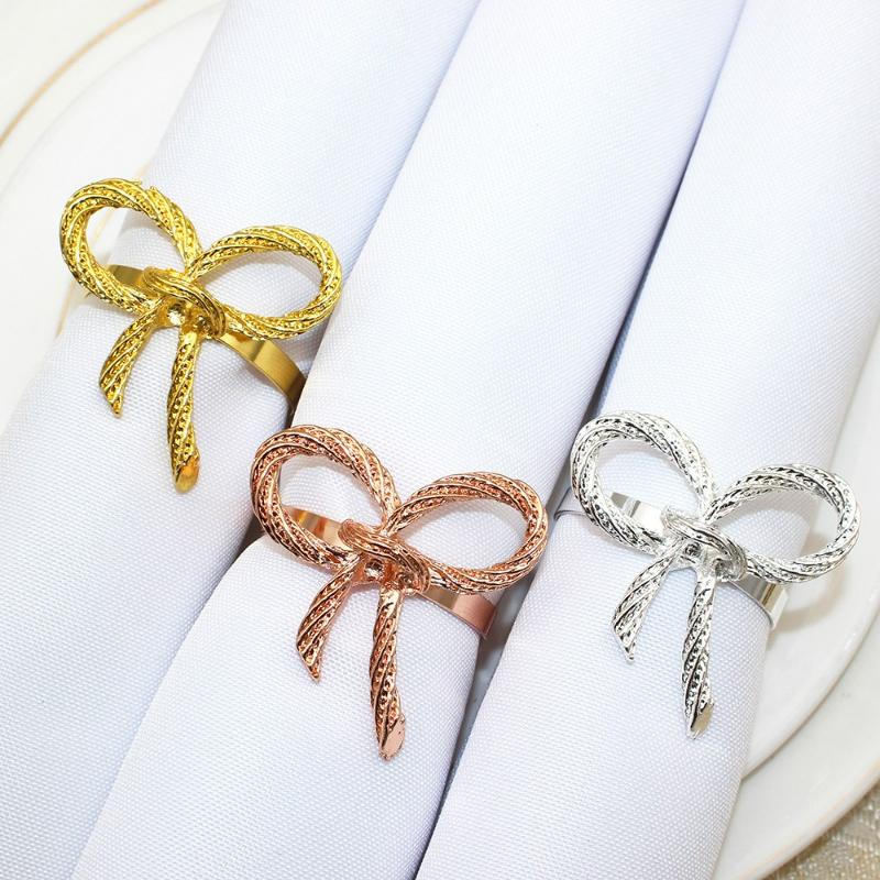 12pcs Bowknot Napkin Rings Metal Gold Silver Napkin Holder Thanksgiving Wedding Banquet Western Restaurant Table Decorations