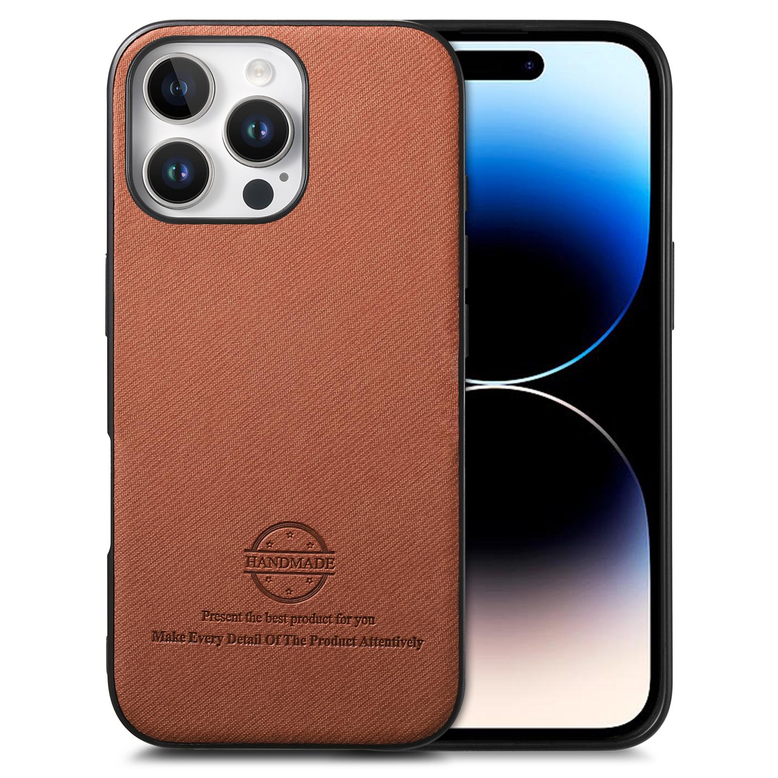 

For iPhone 14 Pro Case Cloth Texture Leather+PC+TPU Anti-Drop Phone Cover Brown