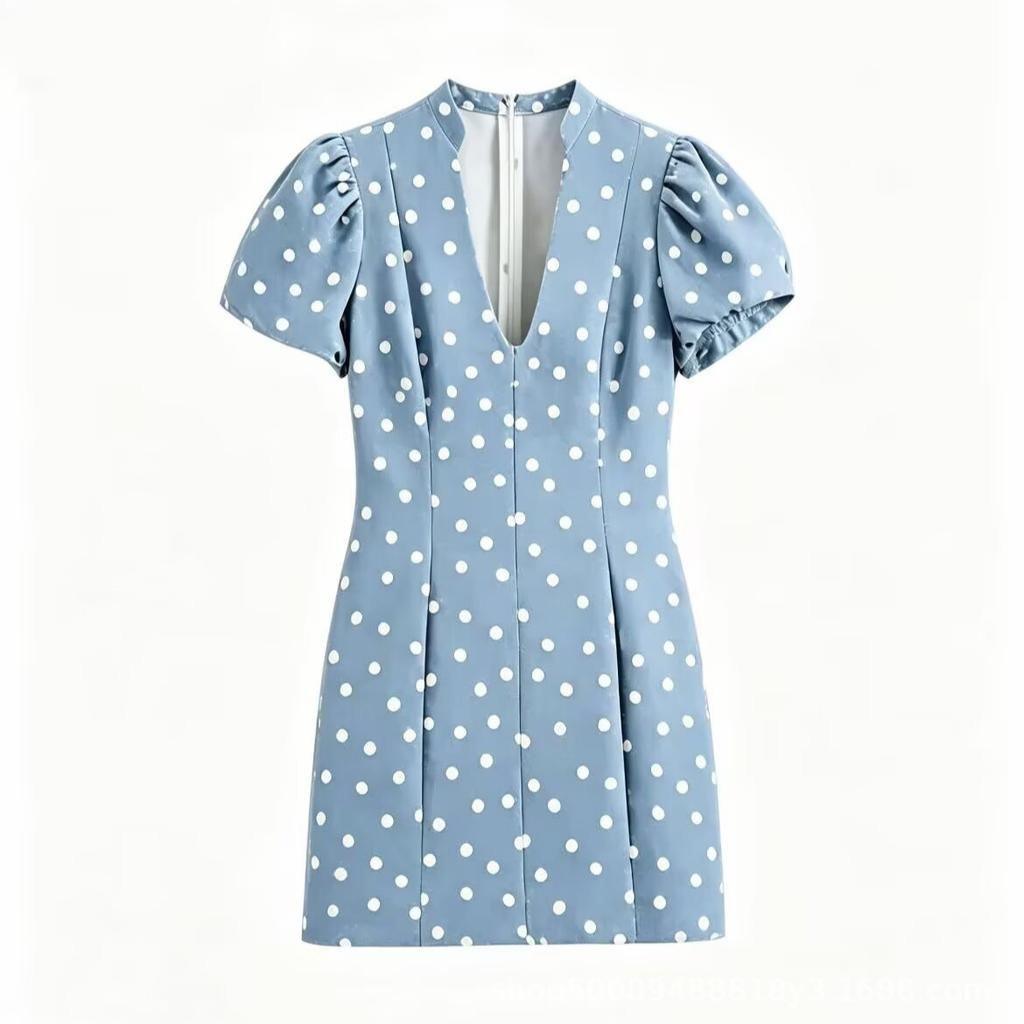 Women's summer new French retro design bubble short-sleeved V-neck slim-fit dress