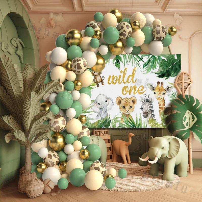 Sage Green Brown Wildlife Themed Balloon Garland Arch Kit Deer Print for Jungle Safari Kid Birthday Baby Shower Party Decoration