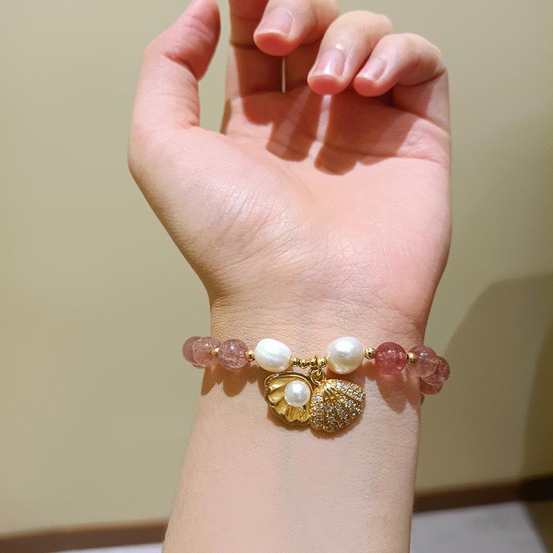 Natural Freshwater Pearl Strawberry Crystal Bracelet Bangles Women Fashion Jewelry Accessories Gift