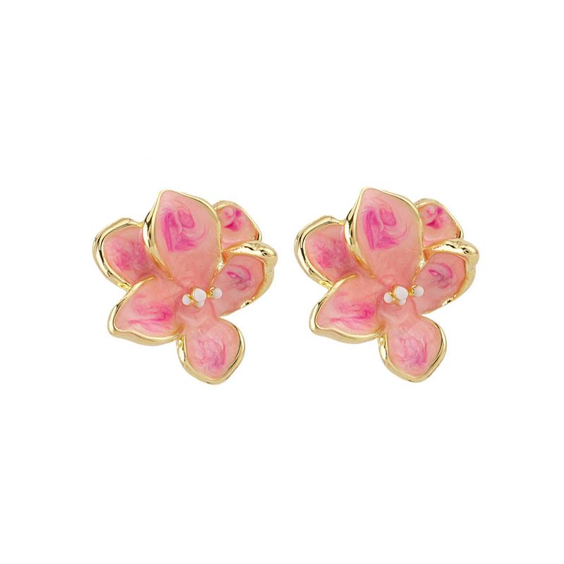 Simple Fashion Sweet Enamel Flowers Pink Color Creative Stud Earrings for Women Personality Temperament Minimalist Jewelry
