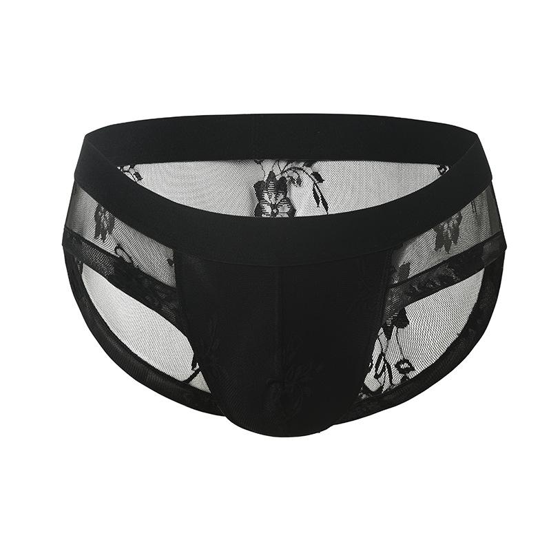 2026 Men's Breathable Mesh Lace Thong Underwear - High Elasticity, Solid Color Briefs