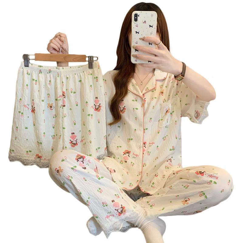 Japanese Small Floral High-Value Cloud Cotton Lace Edge Pajamas Women'S Summer Sweet Short-Sleeved Three-Piece Set