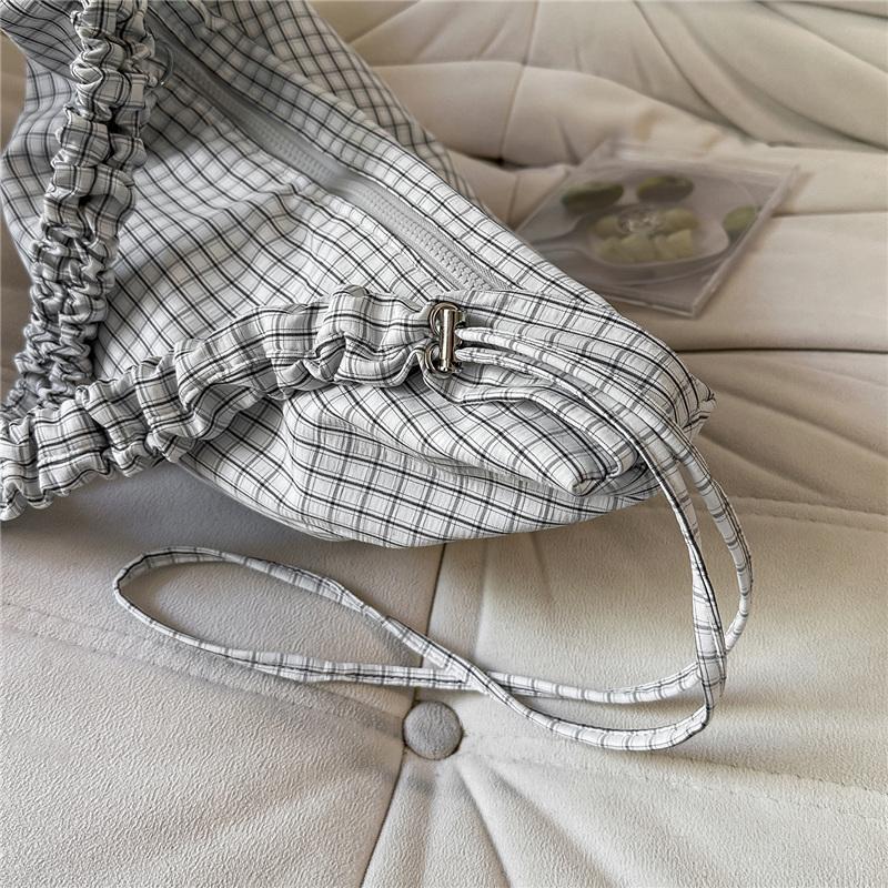 Plaid Slouchy Hobo Bag with Ruched Strap Zip Closure Casual Shoulder Purse for Women Daily Use