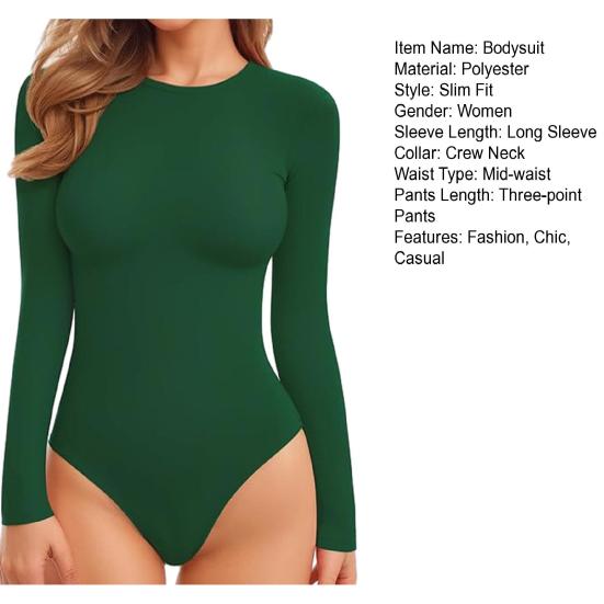 Long Sleeve Bodysuit for Women Casual Tummy Control Crew Neck Tops Fall Stretchy Basic Slim Fit Body Suit Tops