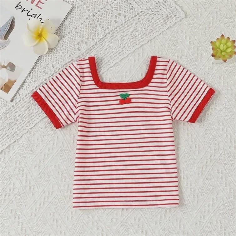 

Футболка с квадратным воротником и коротким рукавом для девочек 2024 года — летний повседневный стиль Dopamine для детей 130cm