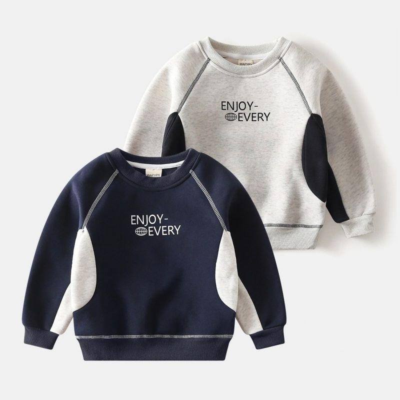 Autumn and Winter Children's Clothing Boys' Color Matching Thickened Hoodie Children's Fleece-Lined O-neck Pullover Top Baby Boys' Clothes