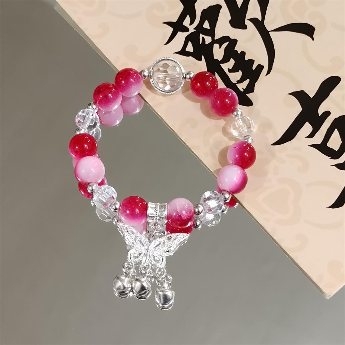 

Милые браслеты для девочек на руку с бабочкой, сердечком, колокольчиком, замком-кисточкой, бисером с трещинами на льду, стеклянными бусинами, эластичным браслетом для студентов 1PCS красный