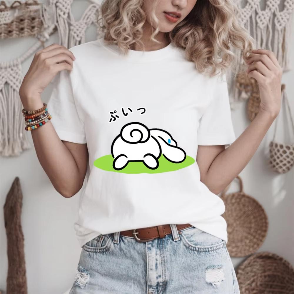 

2026 Summer Cinnamoroll Rolling on The Grass Print Cotton T Shirt for Women Casual Comfort Soft Everyday Wear Top S